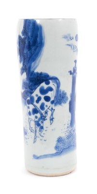 Lot 9 - A Chinese blue and white Transitional period sleeve vase, painted with a figure and horse in a landscape setting