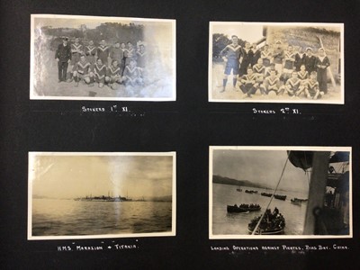 Lot 1502 - H. M. Aircraft Carrier "Hermes" 1920's photograph album fully written up with places and activities in China, Hongkong and other places. Photographs include views from the ship, Elephants in Colomb...