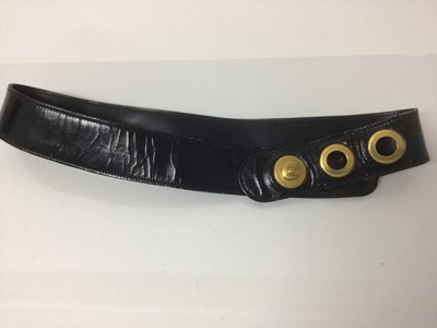 Lot 2079 - Vintage Hermes black patent leather belt.  Hermes stamped on metalware.  Plus a light tan suede belt by Timerland, medium.