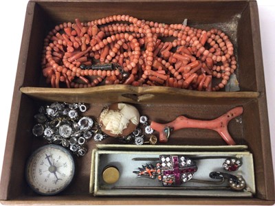 Lot 213 - Two antique coral necklaces, silver paste set shield brooch, cameo brooch, tie pins, antique glazed locket containing hair, mother of pearl card case and a silver cased J.W. Benson wristwatch, all...
