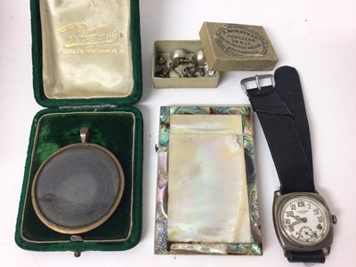 Lot 213 - Two antique coral necklaces, silver paste set shield brooch, cameo brooch, tie pins, antique glazed locket containing hair, mother of pearl card case and a silver cased J.W. Benson wristwatch, all...