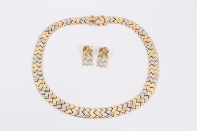 Lot 214 - Two colour yellow and white metal articulated woven link necklace and pair of matching earrings