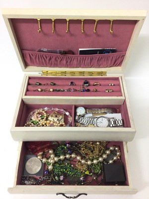 Lot 219 - Jewellery box containing cultured pearl because, silver Blue John ring, various earrings, watches and other costume jewellery