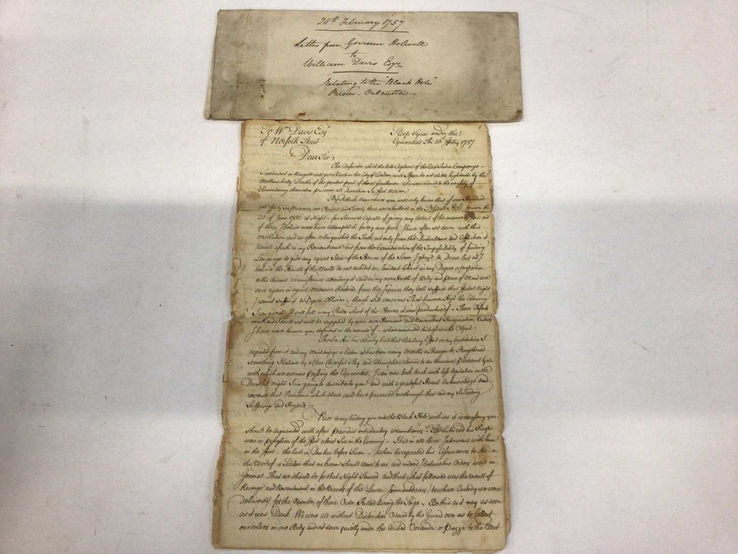 Lot 1505 - John Zephaniah Howell, survivor of the Black Hole of Calcutta.  18th century handwritten letter on laid paper with chalice watermark from John Holwell to William Davis 20th February 1757 detailing...