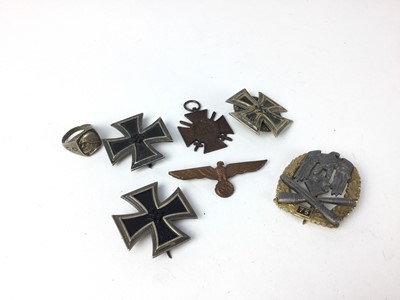 Lot 842 - Two replica Nazi Iron Cross First Class's, Silver Mussolini ring and other (7)