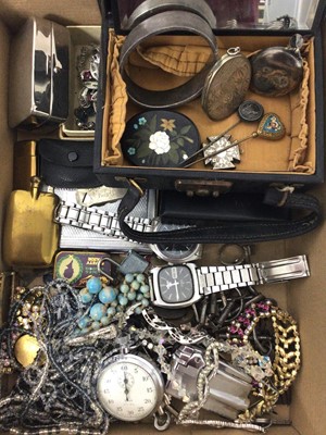 Lot 231 - Group of vintage costume jewellery including 1950s silver hinged bangle, silver lockets, watches and bijouterie
