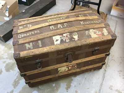 Lot 1126 - RAF interest- vintage wood bound canvas trunk, with painted naming 'W.O. T. J. Pearce No. 4 Married, No. 1 Quarters, R.A.F. Northolt'