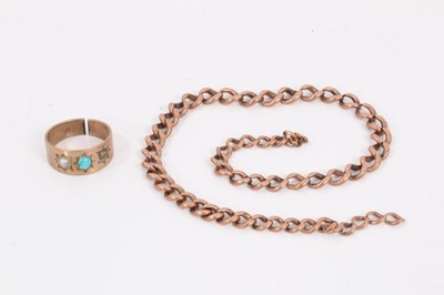 Lot 234 - Piece of rose gold curb link chain, together with a broken turquoise and seed pearl ring