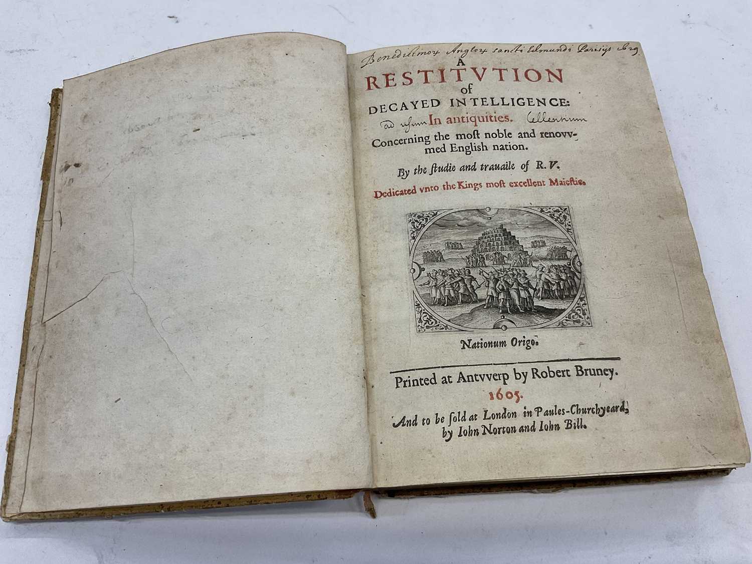 Lot 1797 - Richard Rowlands (Richard Verstegan) - A Restitution of Decayed Intelligence: In antiquities, first edition, title in red and black with engraved vignette of the Tower of Babel, Antwerp & London, P...