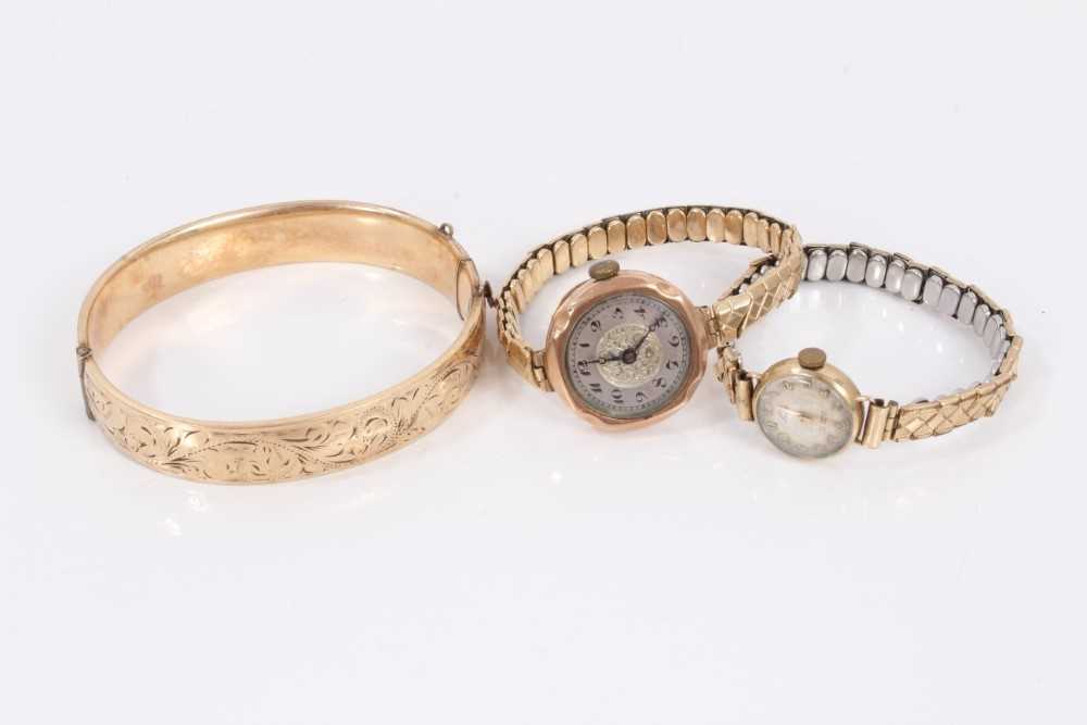Lot 362 - Two vintage 9ct gold cased wristwatches and a gold plated bangle