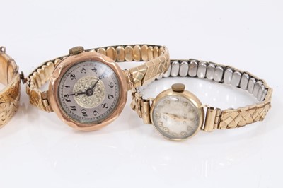 Lot 362 - Two vintage 9ct gold cased wristwatches and a gold plated bangle