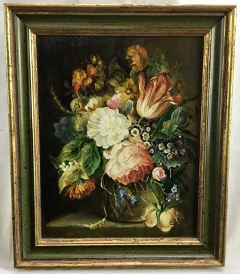 Lot 119 - English School, oil on canvas laid down onto board, still life of flowers in a vase, signed JS, 24 x 19cm, framed