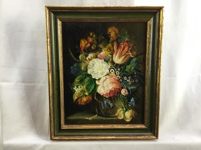 Lot 119 - English School, oil on canvas laid down onto board, still life of flowers in a vase, signed JS, 24 x 19cm, framed