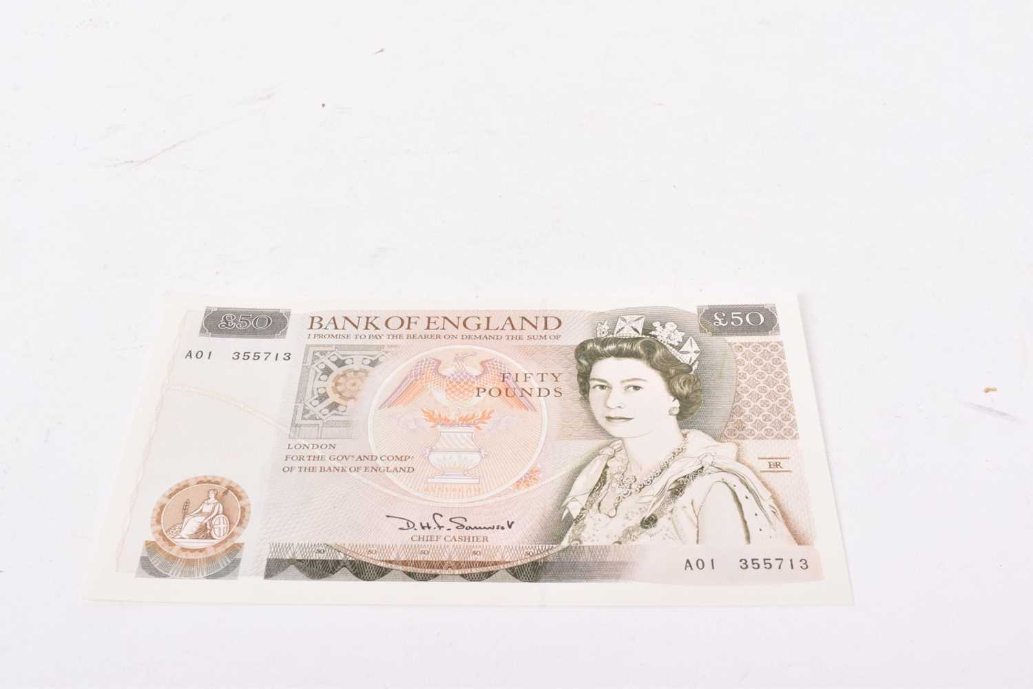 Lot 546 - G.B. - Deep green and multi-coloured series 'D' March 1981 Fifty Pound Banknote cashier D.H.F. Somerset prefix A.01 A. UNC (1 banknote)