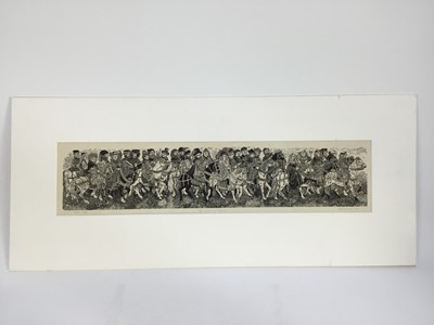 Lot 122 - Sue Scullard (contemporary) woodcut print, Canterbury pilgrims, signed inscribed artists proof and dated 1986, image, 11 x 50cm