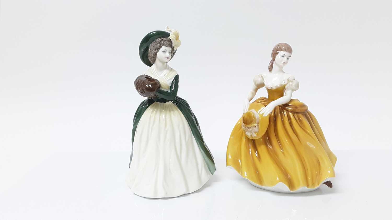 Lot 1389 - Two Coalport Ladies of Fashion figures - Vanessa and Teresa, together with a Sylvac dog, Herend vase, Wedgwood Jasperware vase and a blue and white vase (6)