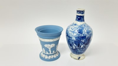 Lot 1389 - Two Coalport Ladies of Fashion figures - Vanessa and Teresa, together with a Sylvac dog, Herend vase, Wedgwood Jasperware vase and a blue and white vase (6)