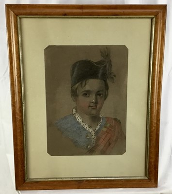 Lot 130 - A group of five pictures - a pastel portrait of a Scottish boy in birds eye Maple frame, a watercolour of St Johns Cambridge, Alan Whitehead watercolour of a harbour, another marine watercolour and...