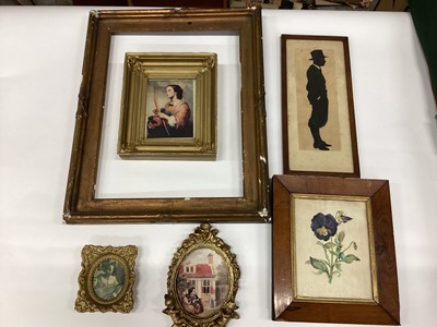 Lot 244 - 19th century botannical watercolour in rosewood frame, together with a silhouette, Victorian foot stool and other frames and pictures.