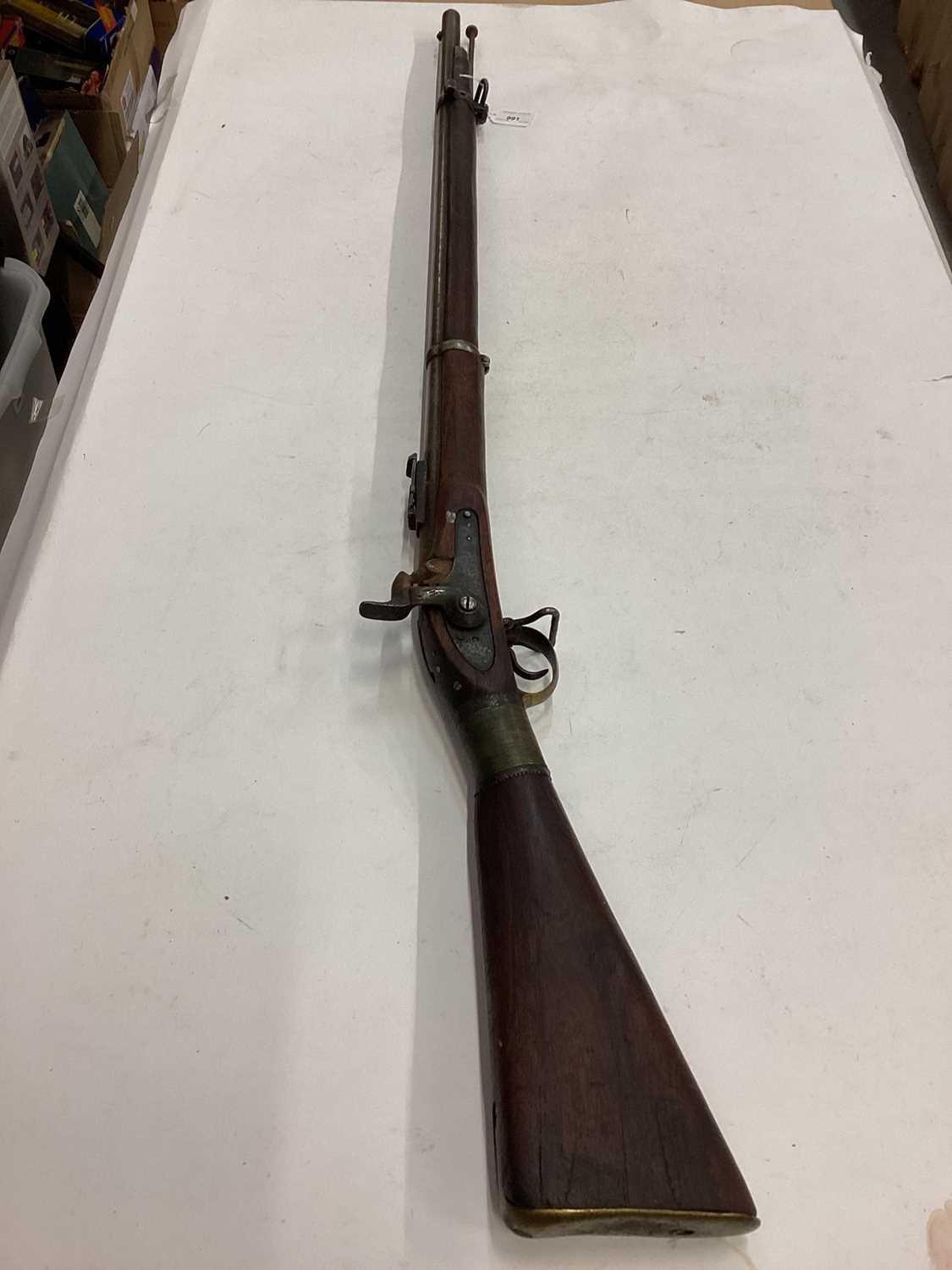 Lot 971 - 19th century two band Enfield military percussion rifle with ramrod, ladder rear sight, Indian copper wire binding to stock 122 cm overall