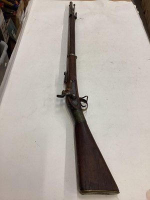 Lot 971 - 19th century two band Enfield military percussion rifle with ramrod, ladder rear sight, Indian copper wire binding to stock 122 cm overall