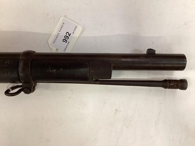 Lot 992 - Victorian Snider rifle with Enfield lock dated 1864, Snider breach conversion, with steel ramrod and three bands to barrel  138 cm overall