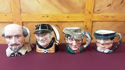 Lot 31 - Collection of 13 Royal Doulton character jugs including William Shakespeare D6689, The Poacher D6429, and Yachtsman D6622 together with one other Lancaster Sandland jug (14)