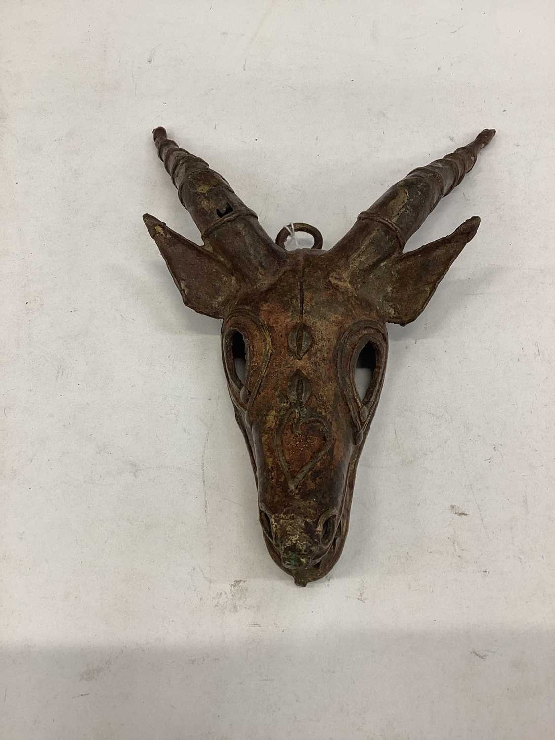 Lot 2604 - Unusual bronzed metal antelope head mask.