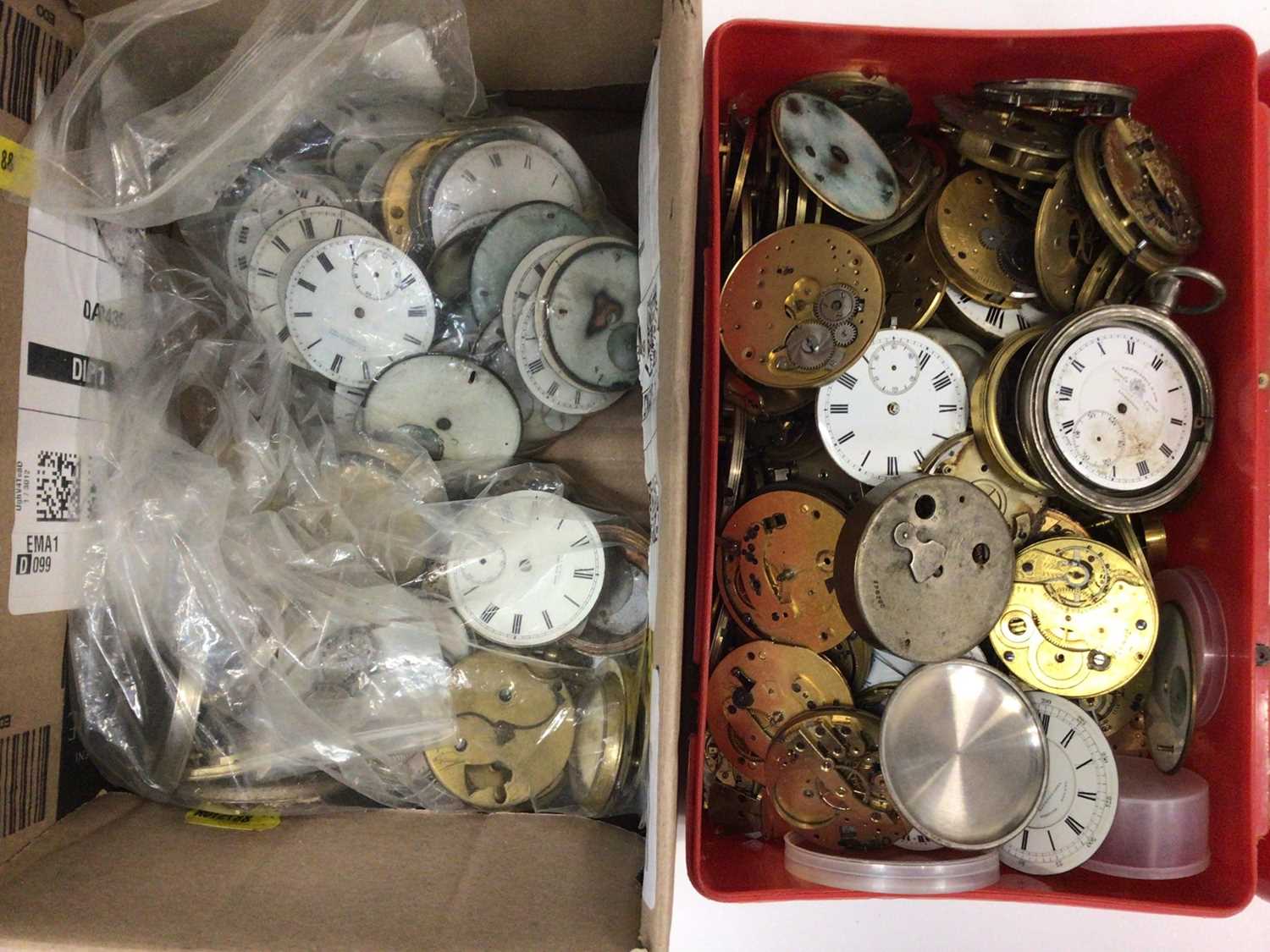 Lot 2581 - A large quantity of watchmaking parts including movements, cases, dials, glasses, etc