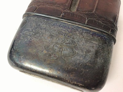 Lot 300 - George V silver hip flask, with crocodile leather covered body, bayonet fitting cap and removable drinking cup with engraved initial, (Sheffield 1918), maker Frederick C Asman & Co, 17cm in length.