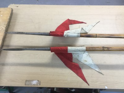 Lot 983 - Scarce pair First World War British cavalry lances dated 1915 with original red and white pennants, bamboo shafts with original fittings 282 cm