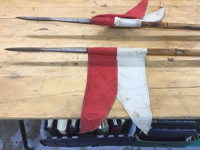 Lot 983 - Scarce pair First World War British cavalry lances dated 1915 with original red and white pennants, bamboo shafts with original fittings 282 cm