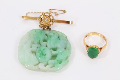 Lot 274 - Carved jade/ green hard stone pendant suspended from a Victorian 9ct gold diamond set bar brooch, together with a Chinese gold jade/ green hard stone ring