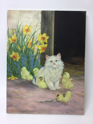 Lot 77 - A pair of oils on canvas of kittens at Christmas