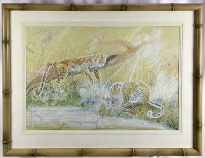 Lot 336 - Ann Stone, 20th century watercolour and gouache - Cheetah family, signed and dated 1979, in faux bamboo frame, 54cm x 79cm