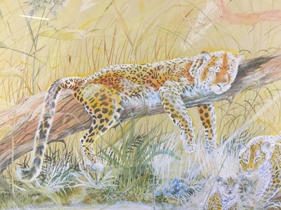 Lot 336 - Ann Stone, 20th century watercolour and gouache - Cheetah family, signed and dated 1979, in faux bamboo frame, 54cm x 79cm