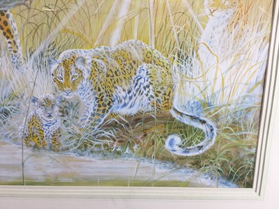 Lot 336 - Ann Stone, 20th century watercolour and gouache - Cheetah family, signed and dated 1979, in faux bamboo frame, 54cm x 79cm