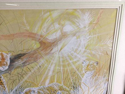 Lot 336 - Ann Stone, 20th century watercolour and gouache - Cheetah family, signed and dated 1979, in faux bamboo frame, 54cm x 79cm