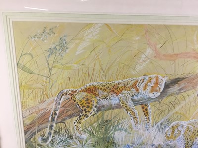 Lot 336 - Ann Stone, 20th century watercolour and gouache - Cheetah family, signed and dated 1979, in faux bamboo frame, 54cm x 79cm