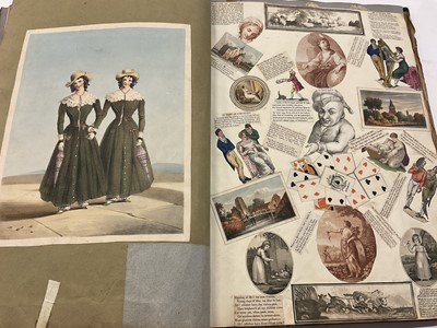 Lot 1517 - Large scrap book containing 18th / 19th century scraps, cuttings, engravings, lithographs, pen and ink drawings, fashion, satire, military, romance,views, art, caricatures, French Domaines nationau...