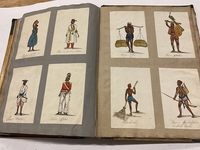 Lot 1517 - Large scrap book containing 18th / 19th century scraps, cuttings, engravings, lithographs, pen and ink drawings, fashion, satire, military, romance,views, art, caricatures, French Domaines nationau...