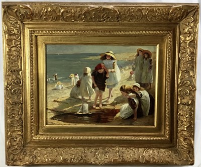 Lot 330 - A pair of oil paintings of figures on a beach, signed P. Sachell, in gilt frames