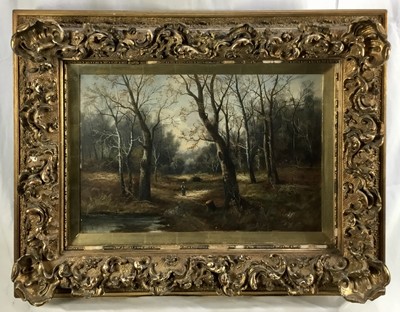 Lot 346 - Late 19th century oil on panel - figure in a forest, signed William, 31cm x 47cm, in ornate gilt frame