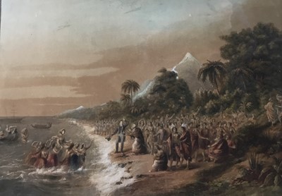 Lot 332 - 19th century overpainted print of missionaries being welcomed