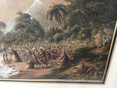 Lot 158 - 19th century overpainted print of missionaries being welcomed