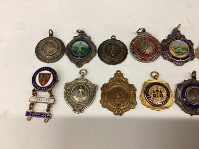 Lot 2670 - Quantity of football and bowls enamel badges, mostly of local interest, and a group of enamel badges possibly related to Trade Unions
