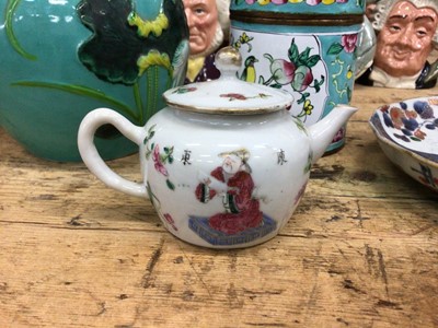 Lot 32 - 19th century Chinese famille rose teapot with figures and calligraphy, two 18th century Japanese dishes, a Canton enamel box and a Wang Binrong style ginger jar and cover