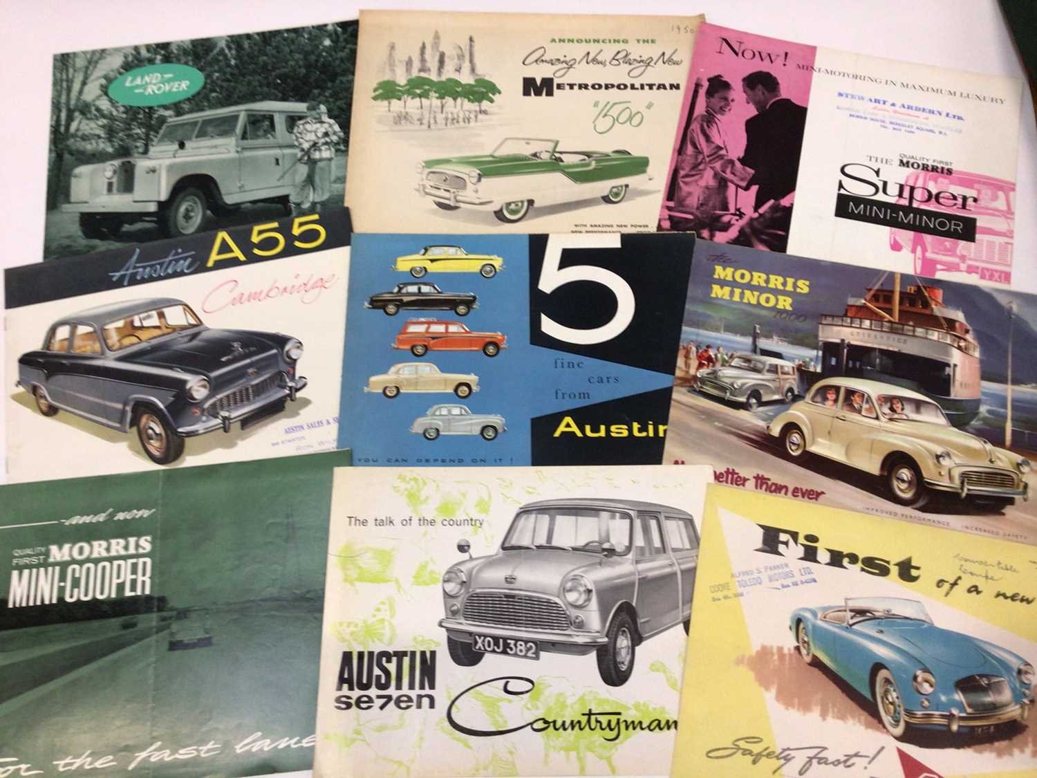 Lot 2027 - Collection of 1950s and 60s British car sales brochures including Land Rover, Austin, Mini Cooper, MGA, Jaguar XK150 (14)