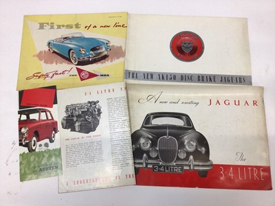 Lot 2027 - Collection of 1950s and 60s British car sales brochures including Land Rover, Austin, Mini Cooper, MGA, Jaguar XK150 (14)