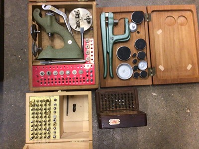 Lot 2696 - Box of various watchmakers precision tools and parts, clamps etc